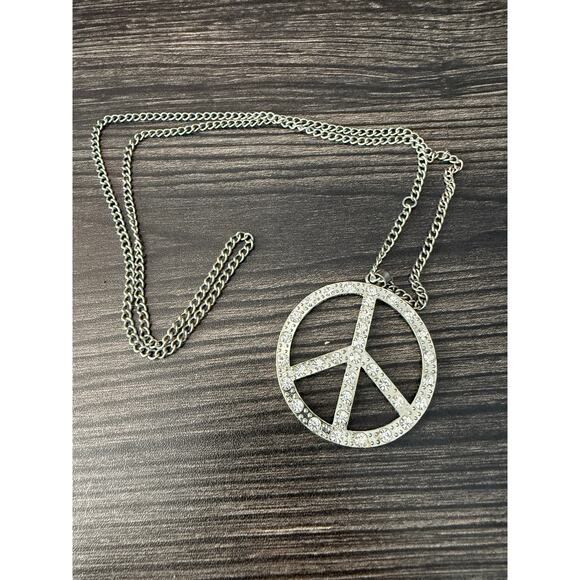 6/$25 Rhinestone Peace Sign Pendant Long Silver Tone Necklace - Picture 5 of 5